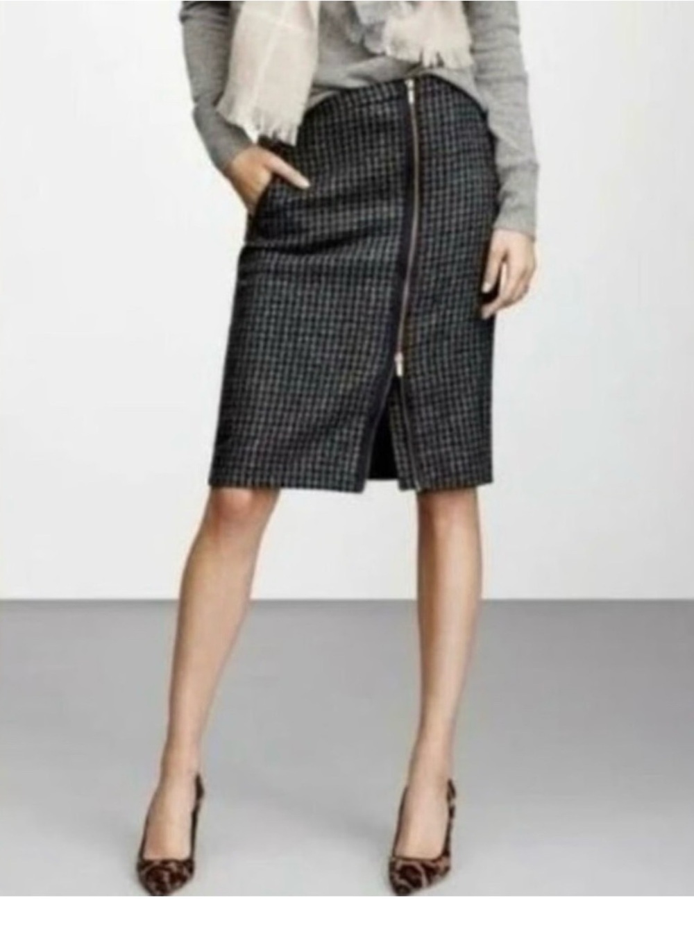 J. Crew Multicolor Herringbone Wool Pencil Skirt with Black Trim